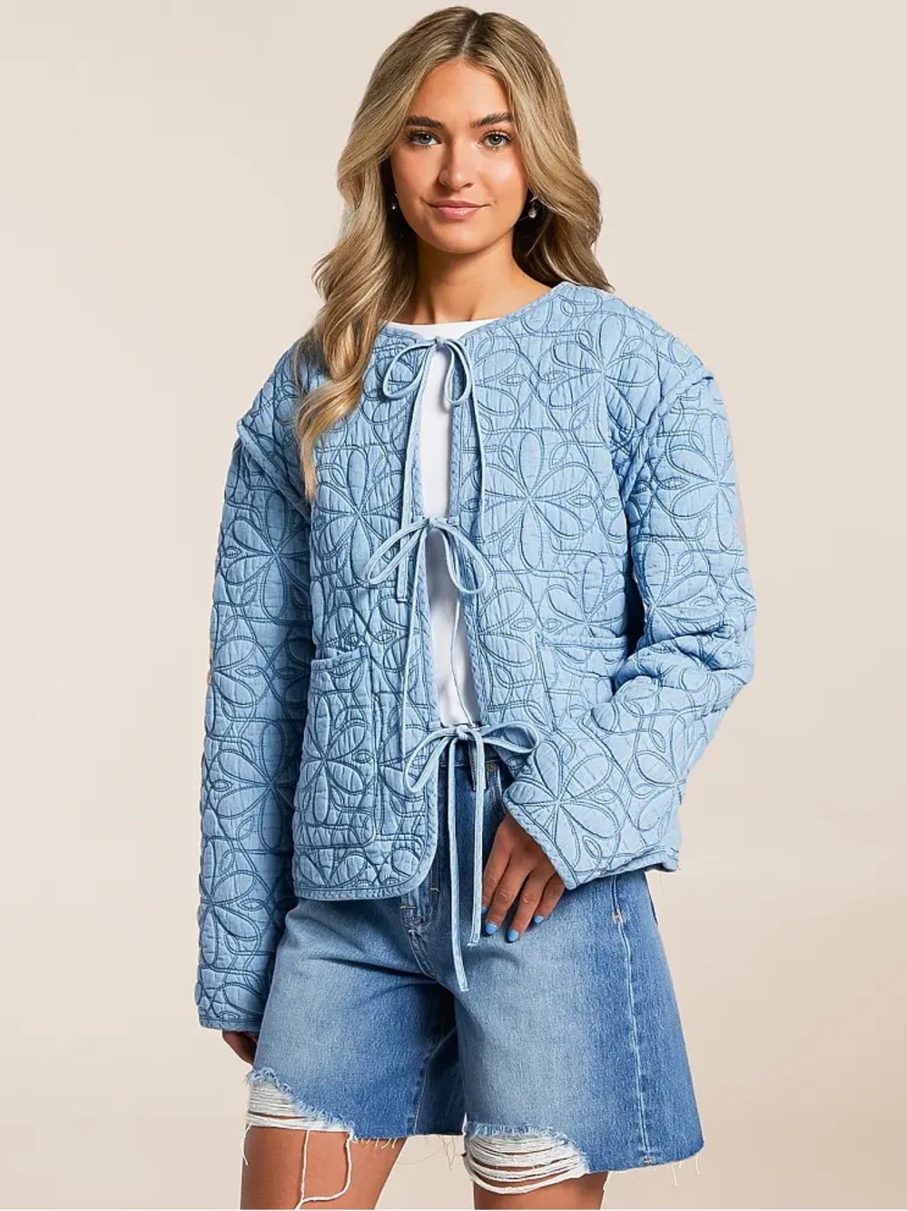 C&C California Light Blue Quilted Tie-Front Jacket - Picture 2 of 9
